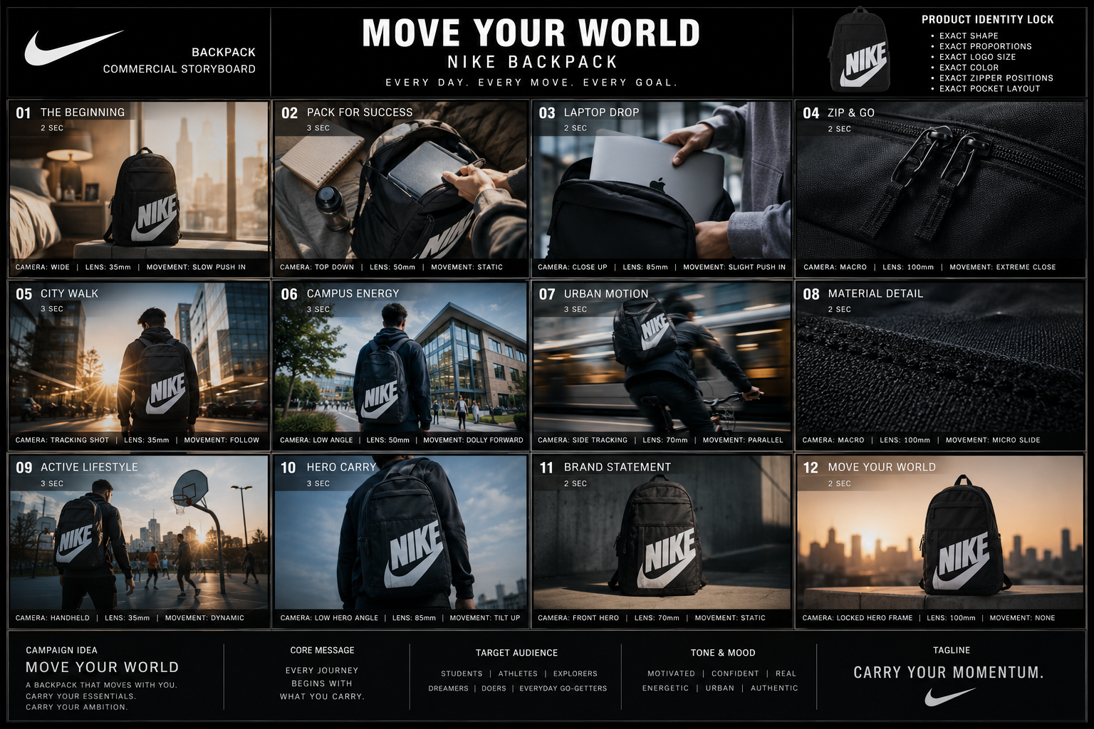 Nike Move Your World backpack commercial storyboard concept