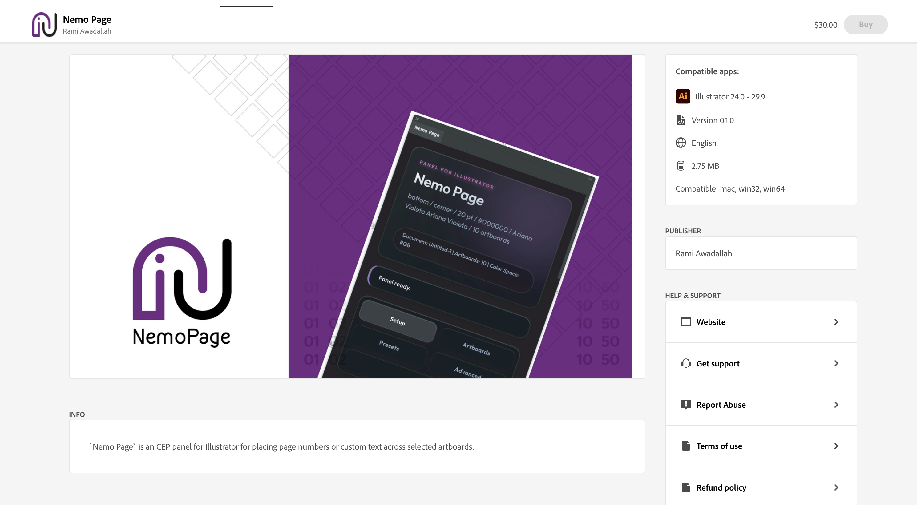 Nemo Page Adobe Exchange listing screenshot